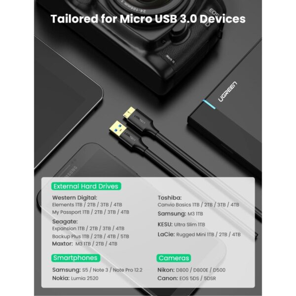 UGREEN US130 Micro USB 3.0 to USB-A Hard Drive Cable-1M - Image 2