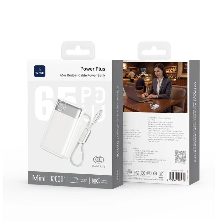 WiWU Power Plus 65W Built-in Cable Power Bank T132